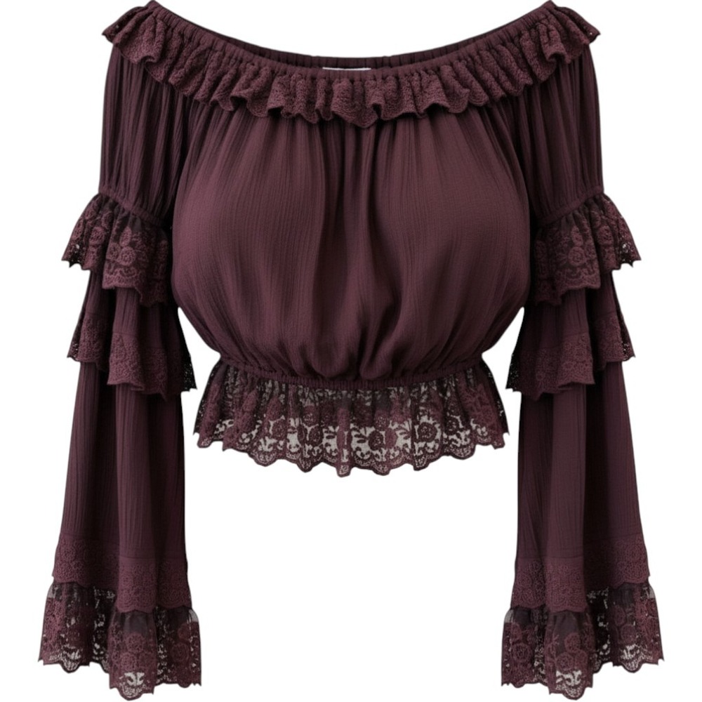 Earthbound Top M Wine Lace Tiered Ruffle Bell Sleeve Off Shoulder Fairycore